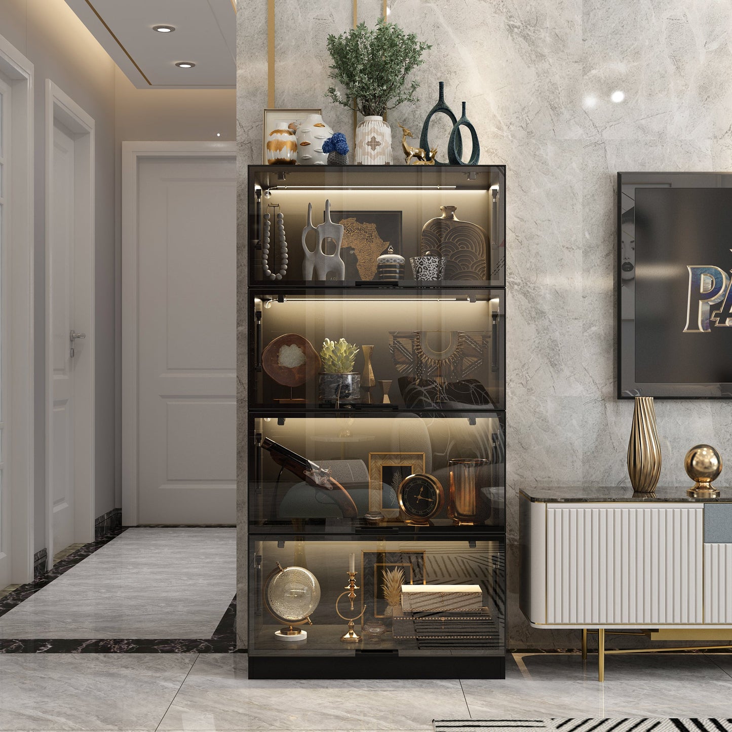 Vitrine vitrée à 4 niveaux avec éclairage LED