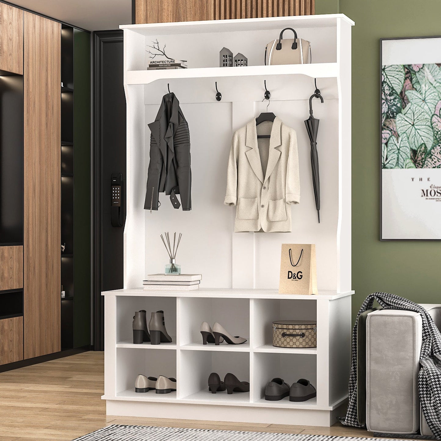 Meuble d'entrée 3 en 1 avec étagère à chaussures, porte-manteau et banc de rangement