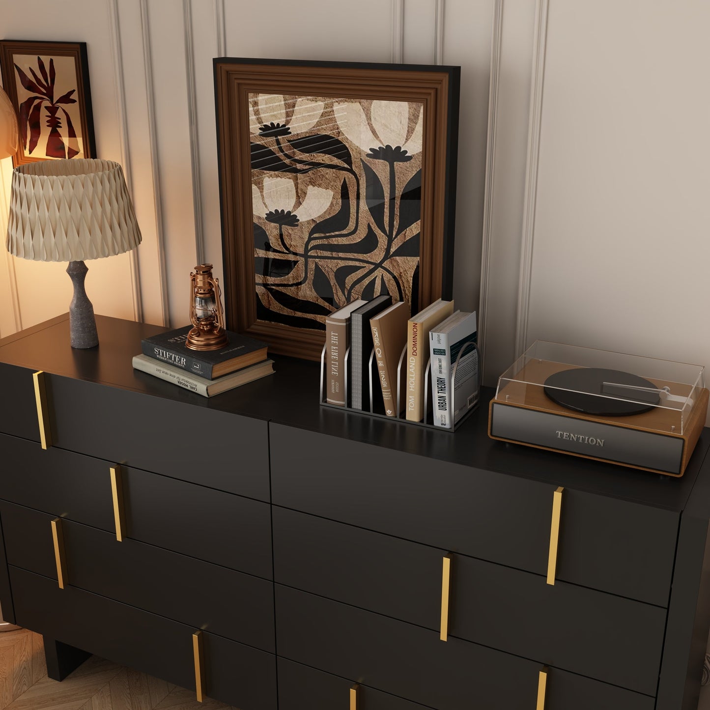 Commode moderne à 8 tiroirs avec détails dorés – Solution de rangement élégante pour la chambre