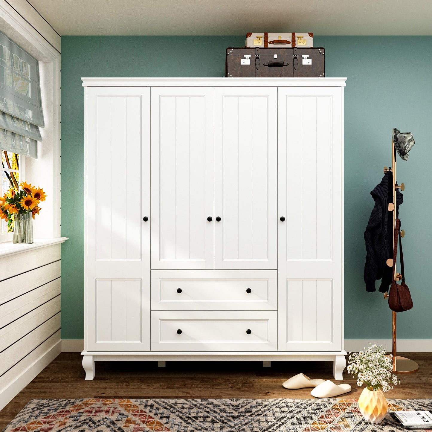 Armoire-penderie avec étagères et tiroirs de rangement, finition blanche, pour chambre à coucher