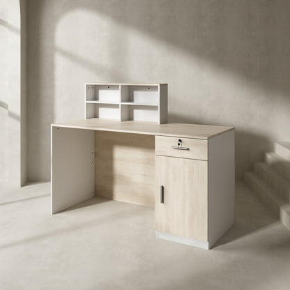 Bureau d'accueil avec comptoir et armoires de classement pour la caisse et la vente au détail 