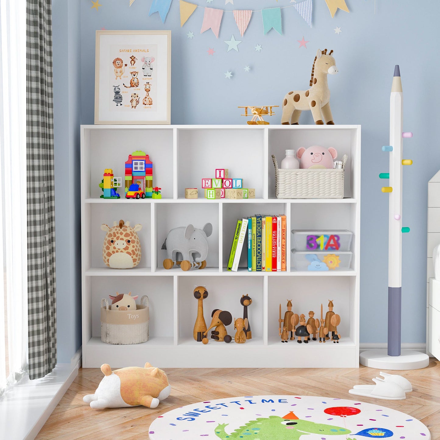 Meuble d'entrée, bibliothèque large pour enfants avec plusieurs compartiments et étagère à 3 niveaux 