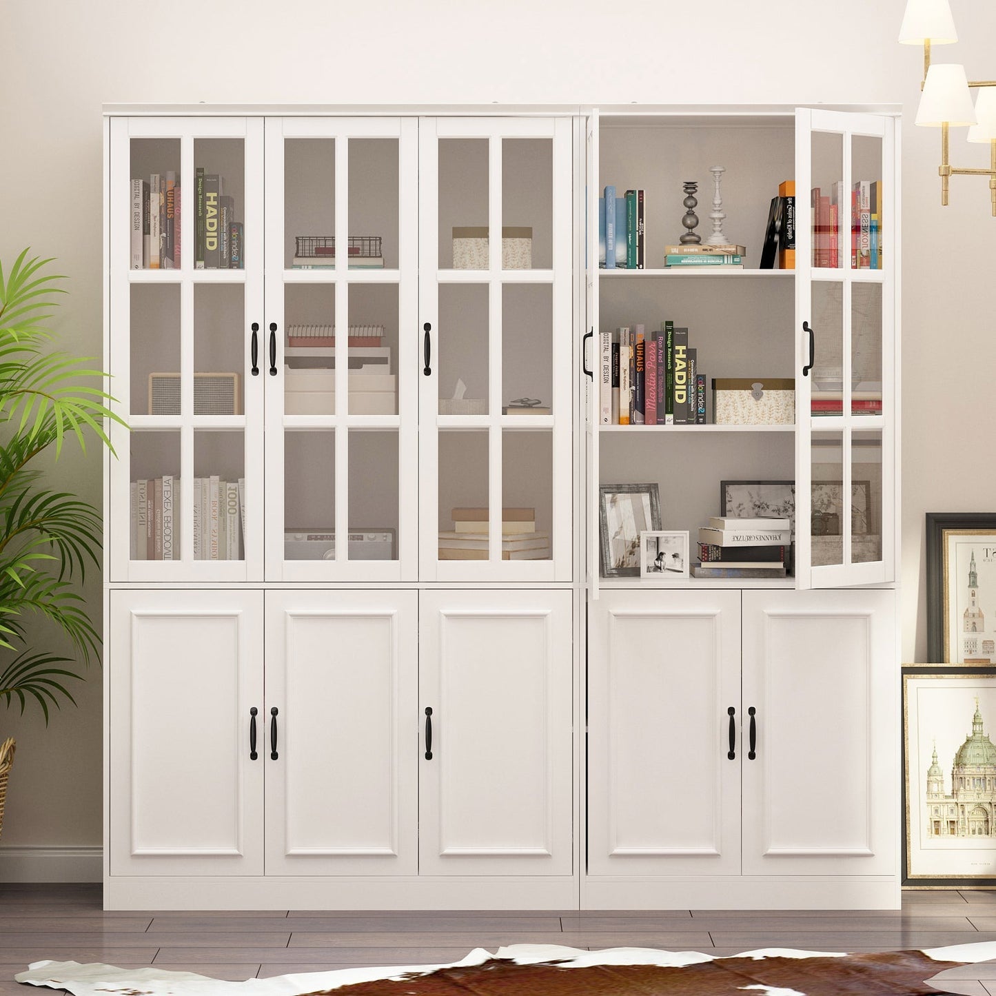 Vitrine d'angle avec étagère de rangement et bibliothèque, combinant 4 portes vitrées et 2 tiroirs