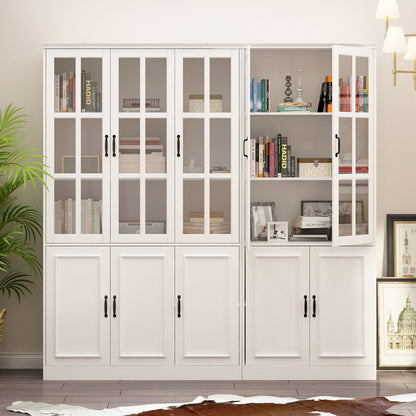 Vitrine d'angle avec étagère de rangement et bibliothèque, combinant 4 portes vitrées et 2 tiroirs