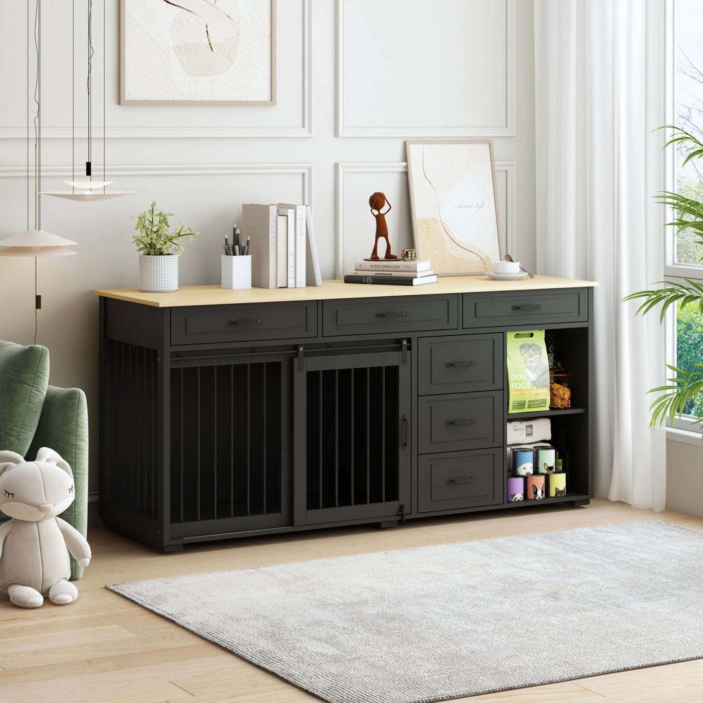 Cage pour chien à 6 tiroirs et 2 compartiments avec porte de style grange