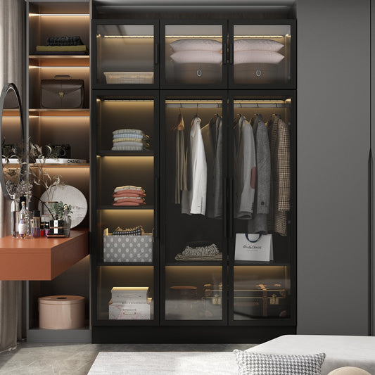 Grande armoire de chambre à coucher avec rangement pour vêtements, éclairage LED et portes vitrées