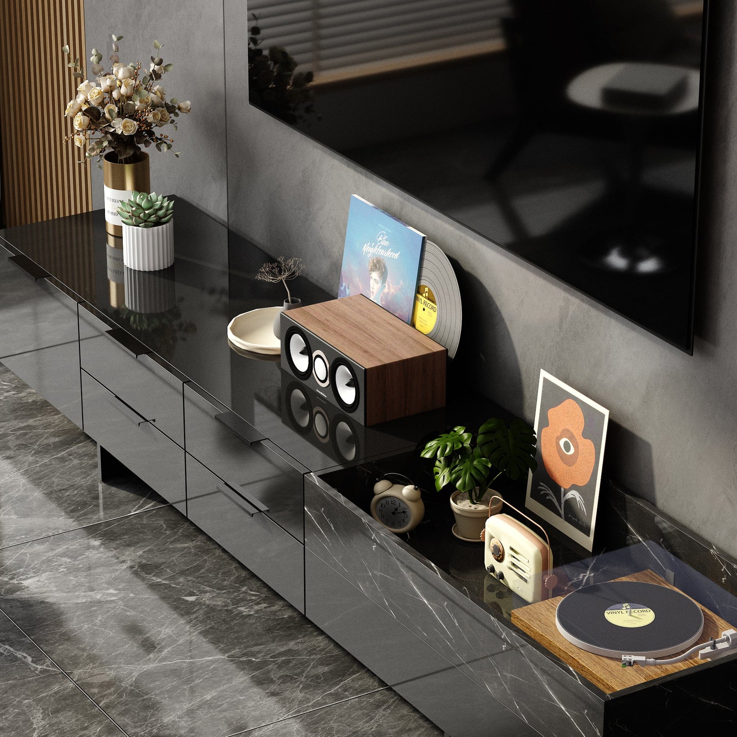 Meuble TV/centre multimédia de 200 cm de large avec 5 tiroirs, finition brillante et design effet pierre, et rangement intégré.