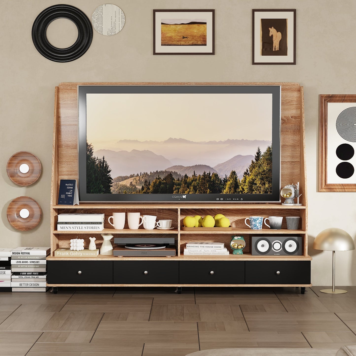 Meuble TV/console multimédia de 70 pouces de large à 4 tiroirs avec support TV et 6 roues