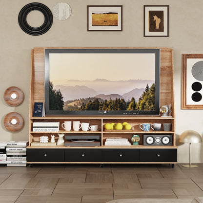 Meuble TV/console multimédia de 70 pouces de large à 4 tiroirs avec support TV et 6 roues