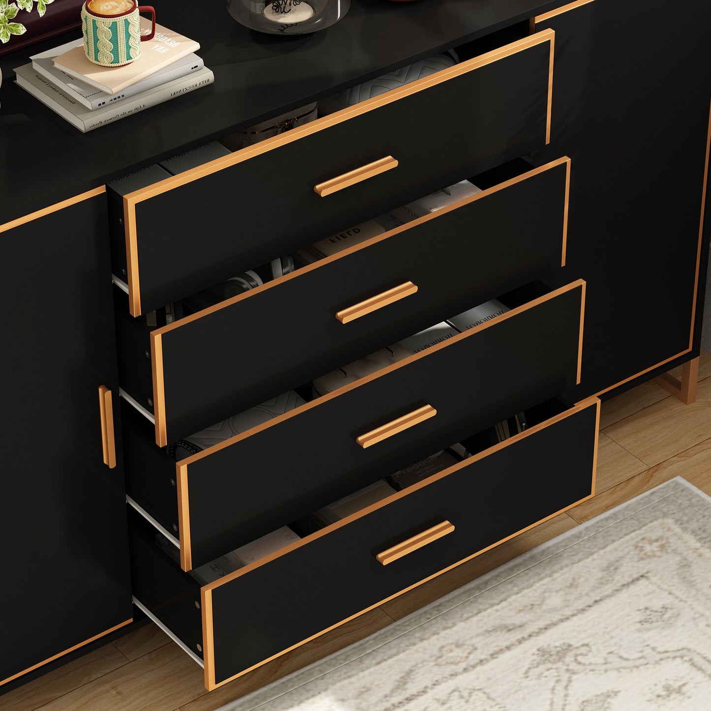 Commode à 2 portes et 4 tiroirs avec étagères réglables