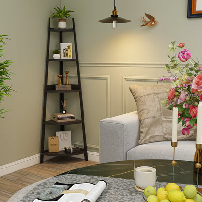 Étagère d'angle rustique à 5 niveaux, bibliothèque d'angle industrielle, étagère échelle, support pour plantes pour salon 