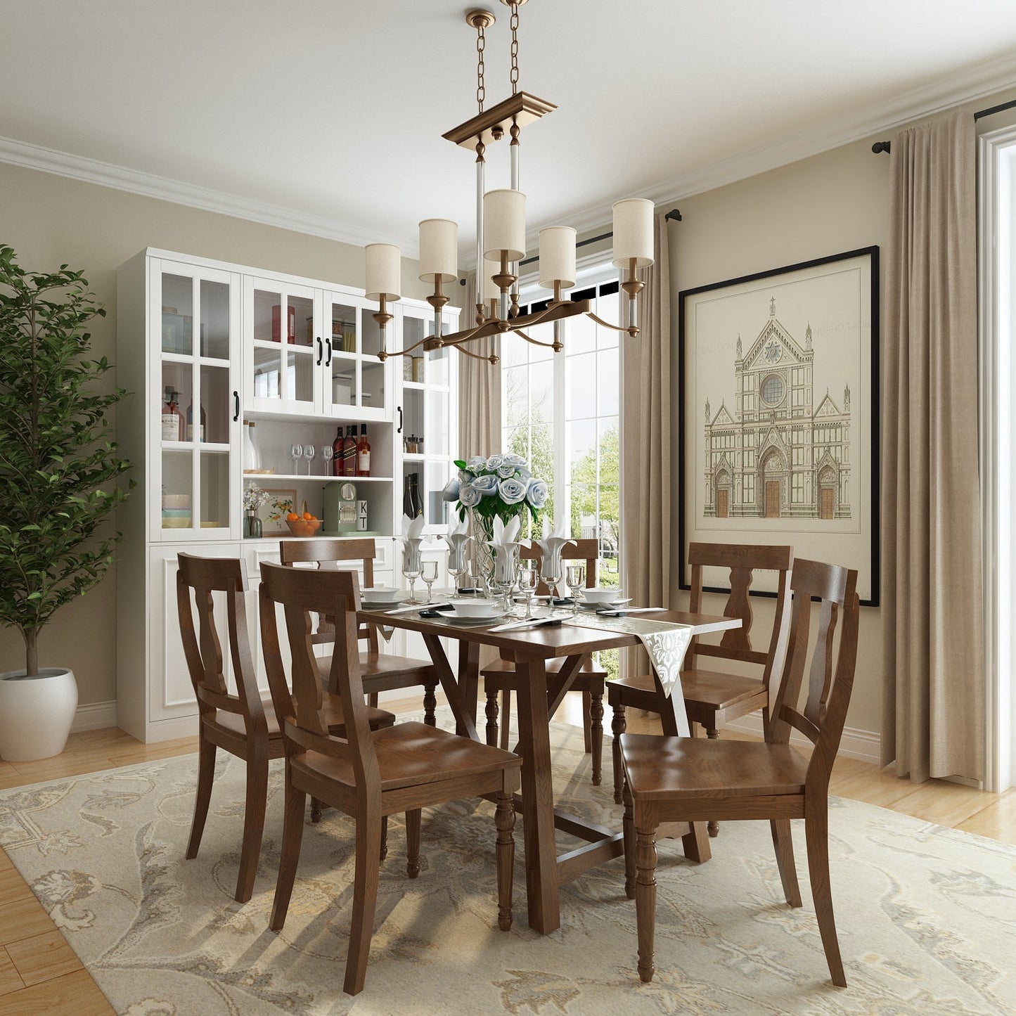 Vitrine d'angle avec étagère de rangement et bibliothèque, combinant 4 portes vitrées et 2 tiroirs