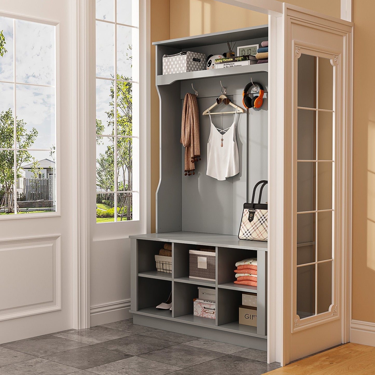 Meuble d'entrée 3 en 1 avec étagère à chaussures, porte-manteau et banc de rangement