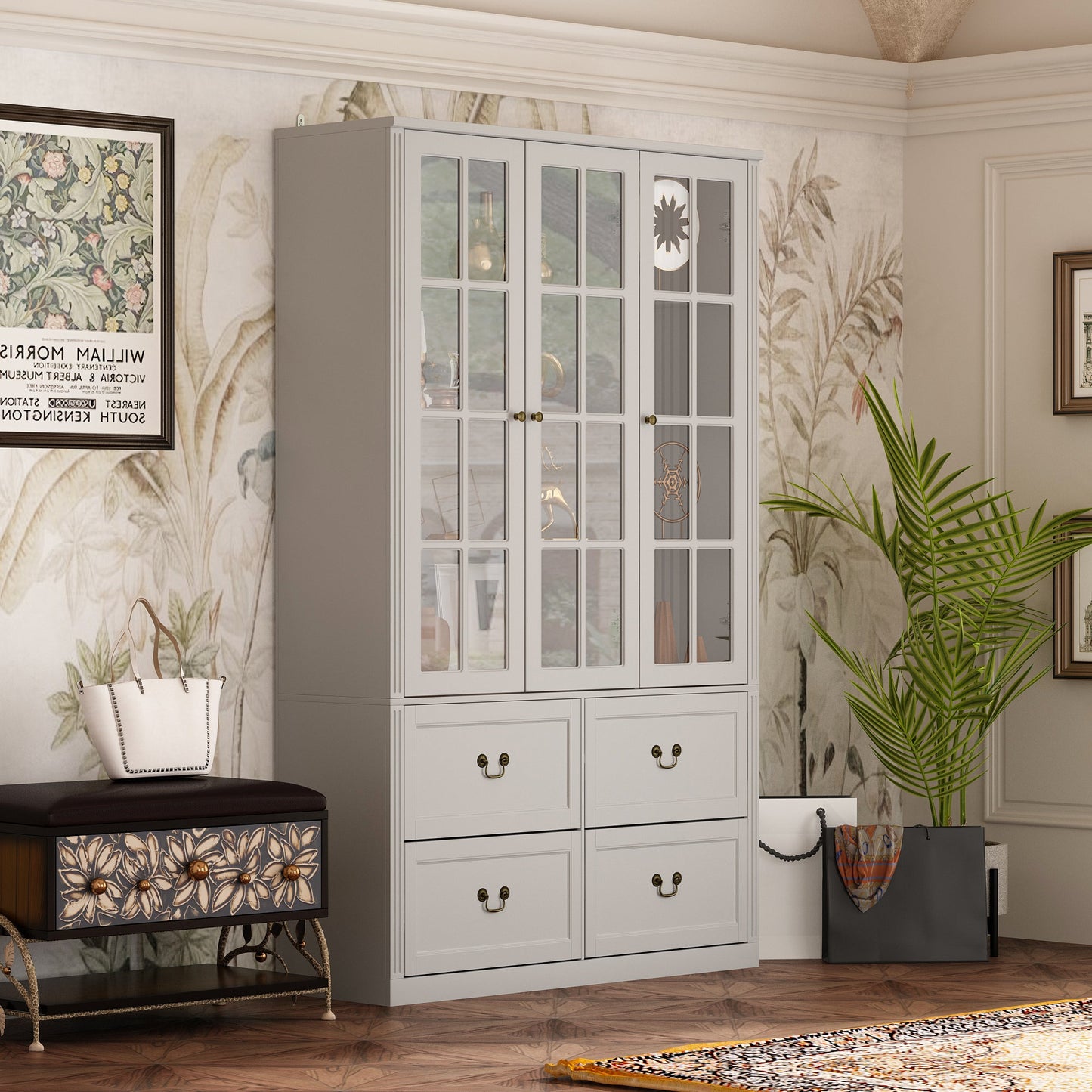 Grande bibliothèque vitrine avec étagères de rangement, 3 portes vitrées et 4 tiroirs avec poignées en métal