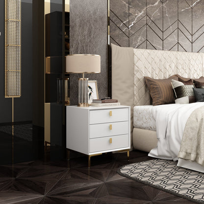 Table de chevet noire avec pieds en métal doré et 3 tiroirs