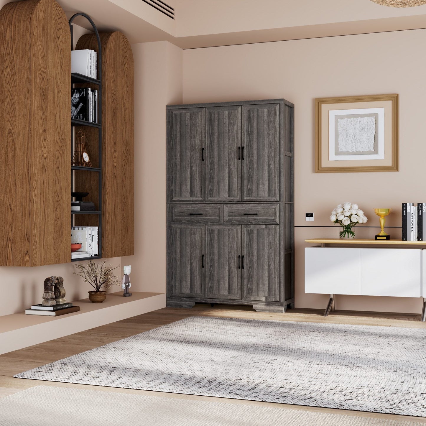 Meuble de rangement modulaire élégant : design épuré et combinaison de compartiments ouverts et fermés.