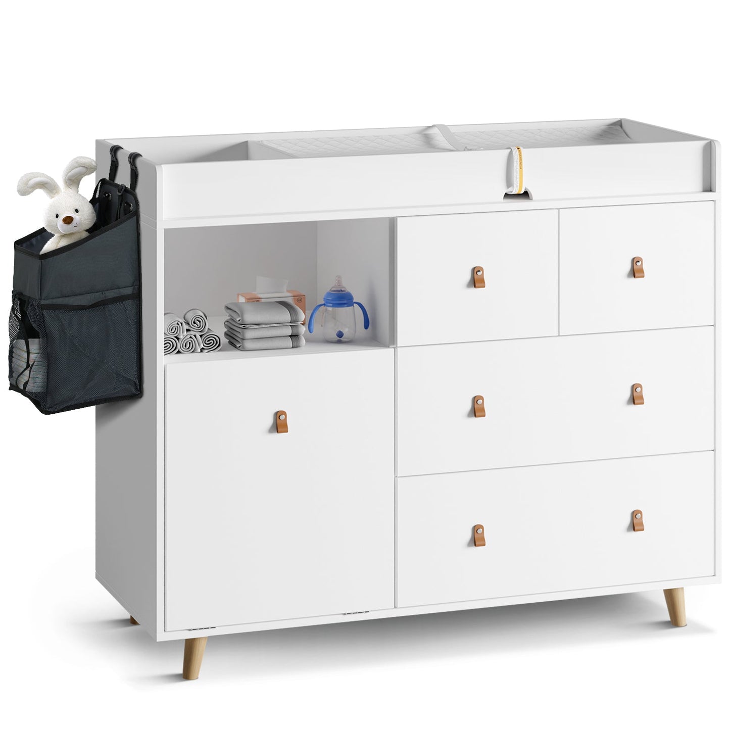 Table à langer pour bébé, commode, table de chambre d'enfant, commode à 5 tiroirs avec rangement ouvert