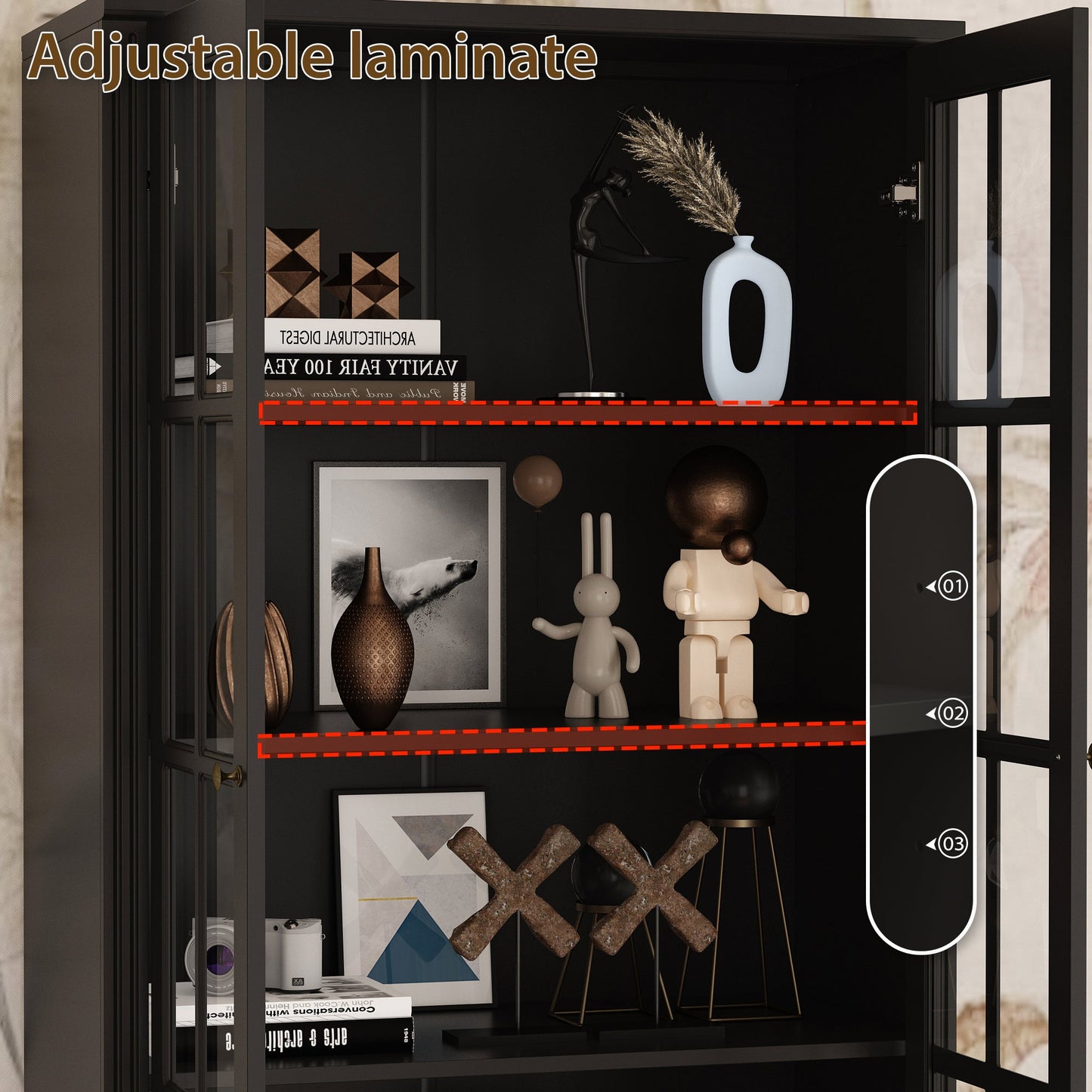 Bibliothèque vitrine avec 2 tiroirs et portes vitrées