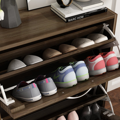 Meuble à chaussures à 2 tiroirs rabattables, meuble de rangement à chaussures à 2 niveaux pour entrée 