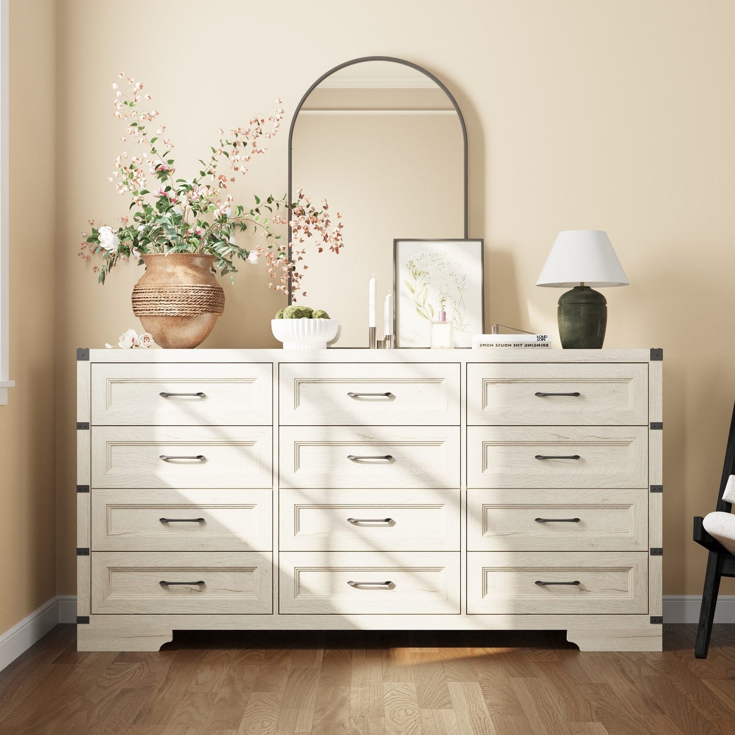 Commode rustique en bois de style campagnard, 12 tiroirs, 175,5 cm de large