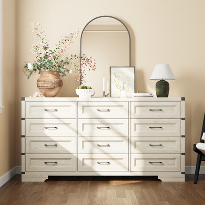 Commode rustique en bois de style campagnard, 12 tiroirs, 175,5 cm de large