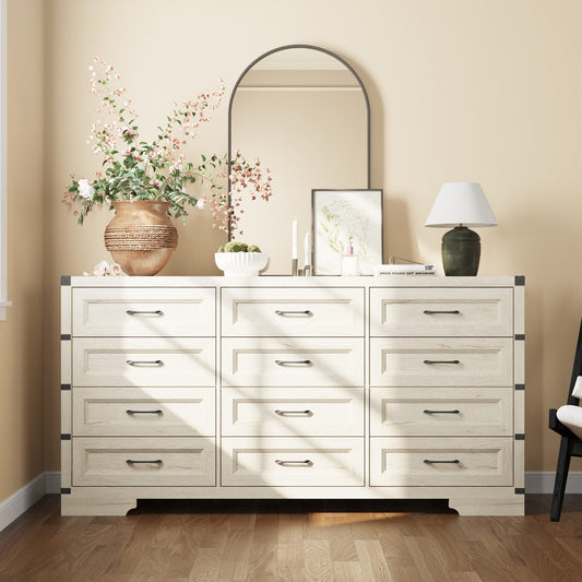 Commode rustique en bois de style campagnard, 12 tiroirs, 175,5 cm de large