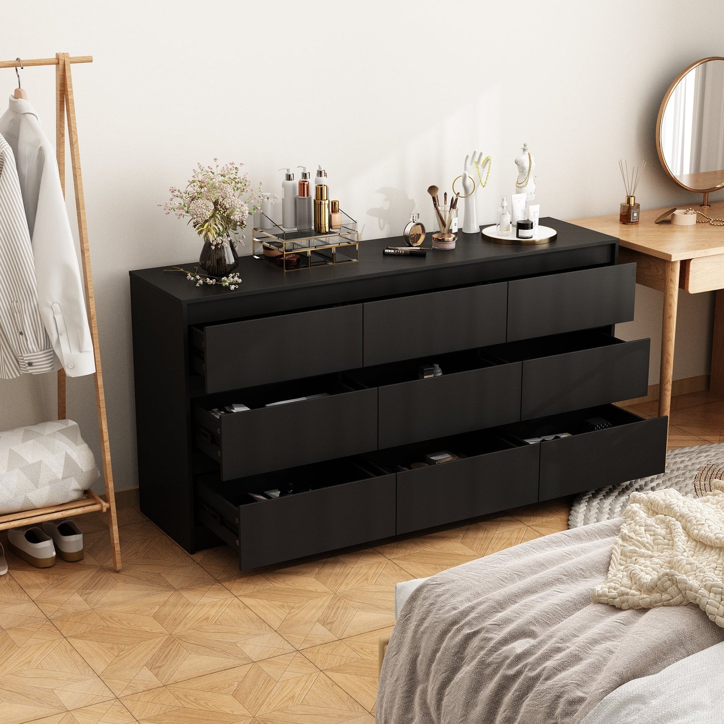 Buffet large à trois tiroirs avec rangement et 9 tiroirs