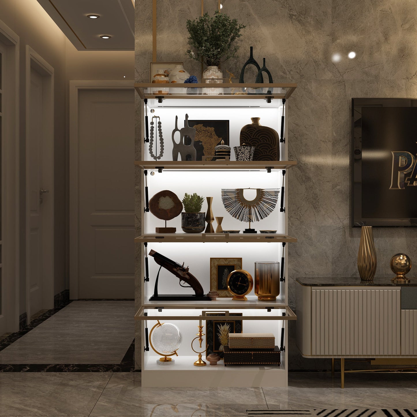 Vitrine vitrée à 4 niveaux avec éclairage LED