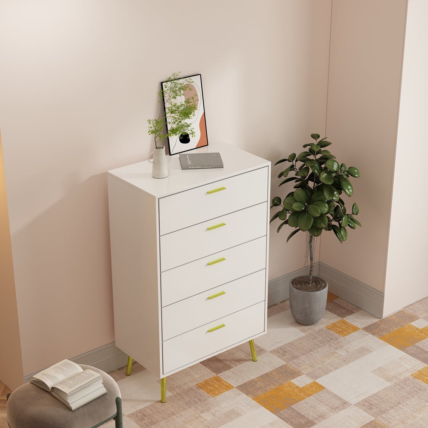 Commode contemporaine polyvalente avec 5 grands tiroirs de rangement 