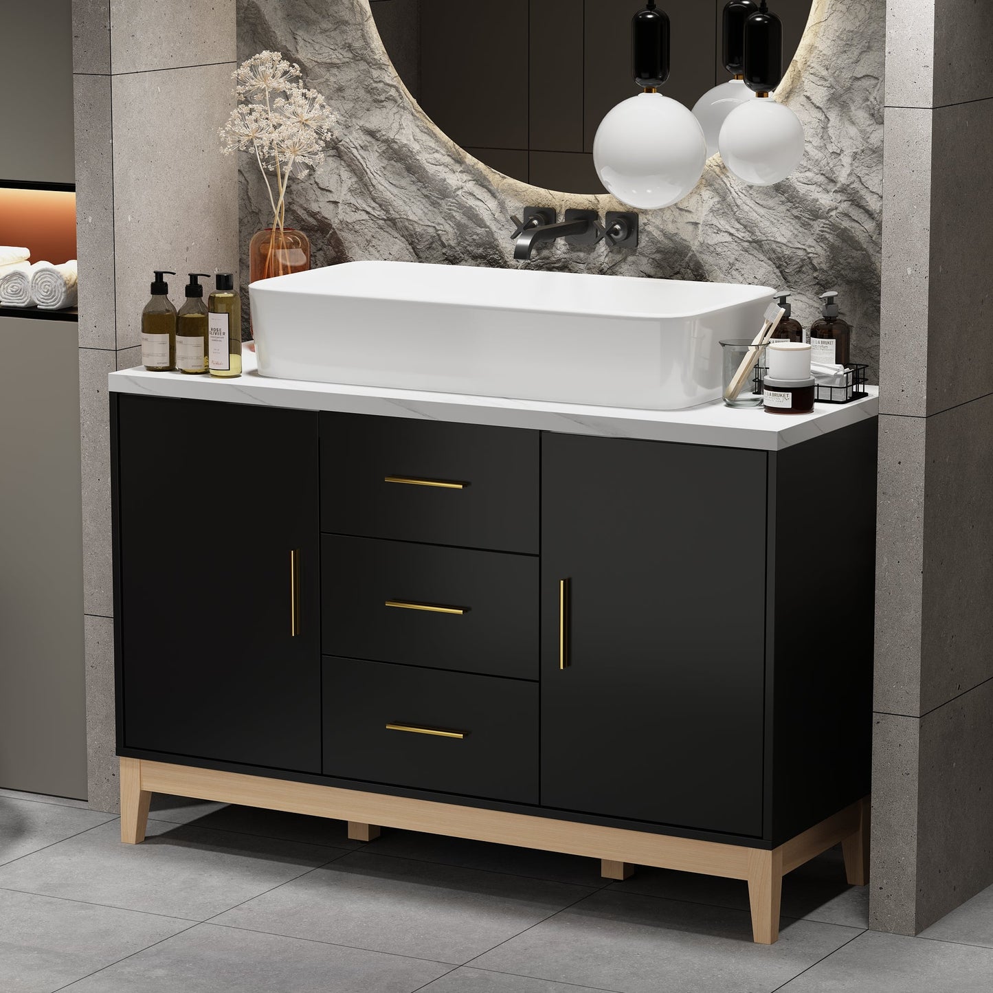 Meuble-lavabo simple sur pied avec plateau en bois composite