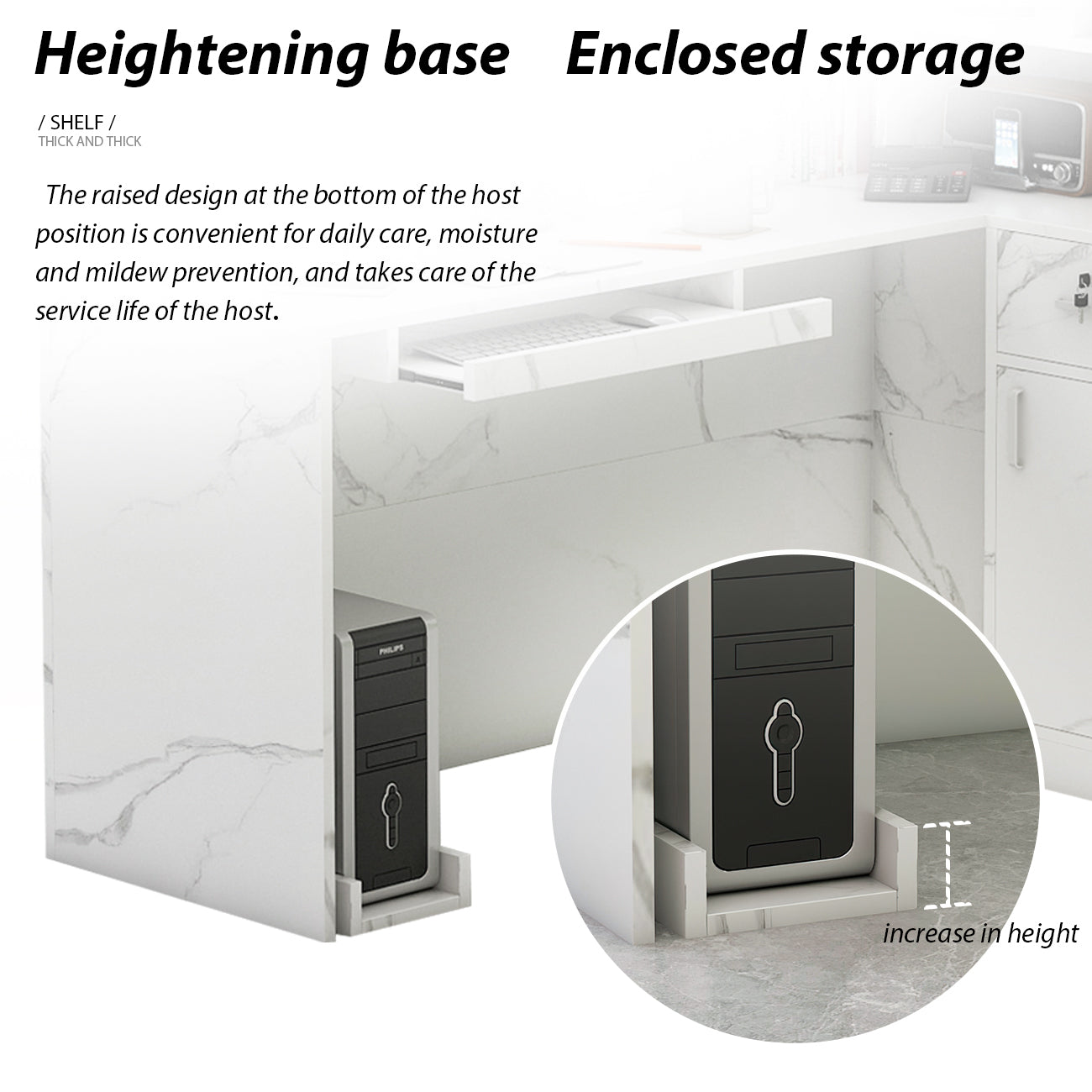 Bureau d'accueil en forme de L avec grands classeurs de rangement 