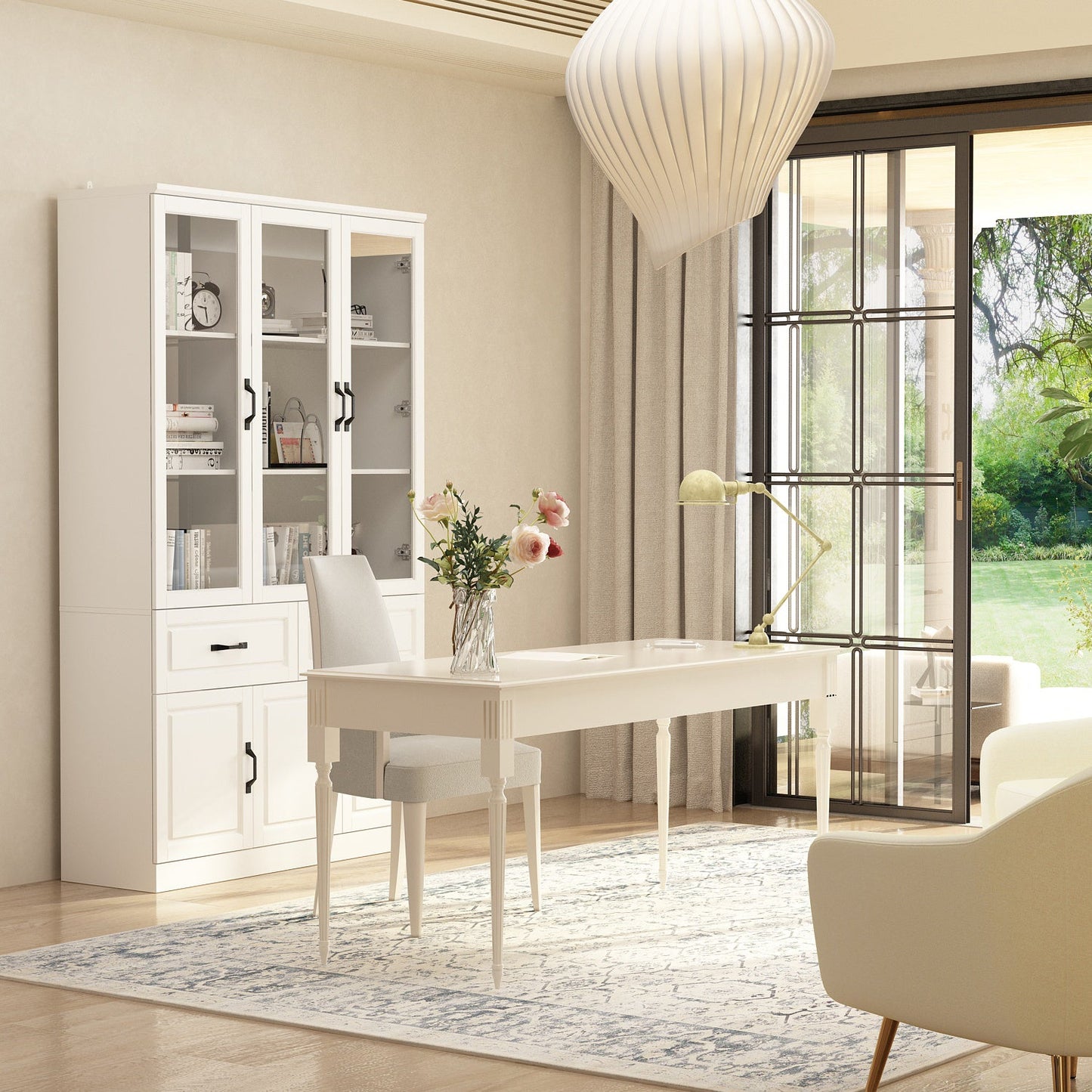 Grande vitrine d'angle avec étagère de rangement et bibliothèque combinées