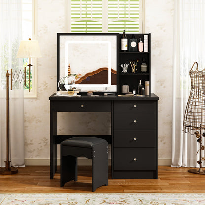 Ensemble coiffeuse avec miroir coulissant éclairé, tabouret rembourré, 5 tiroirs et étagères