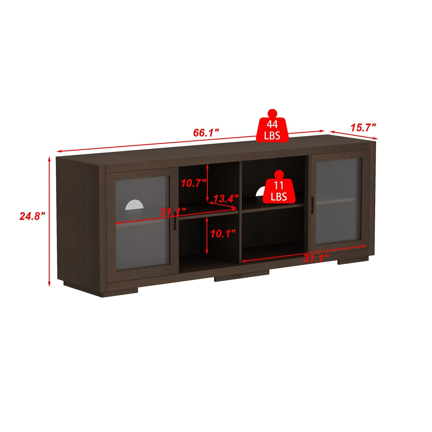 Meuble TV de rangement de 66 pouces de large avec portes coulissantes en verre