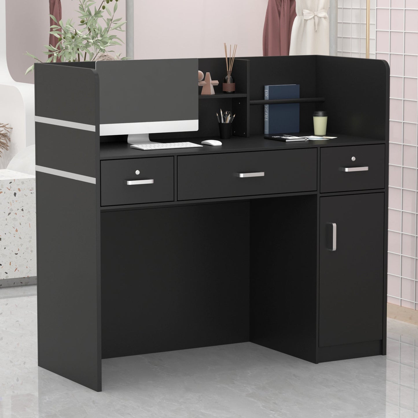 Bureau d'accueil moderne en bois avec armoire de rangement verrouillable, 47 pouces de large. 