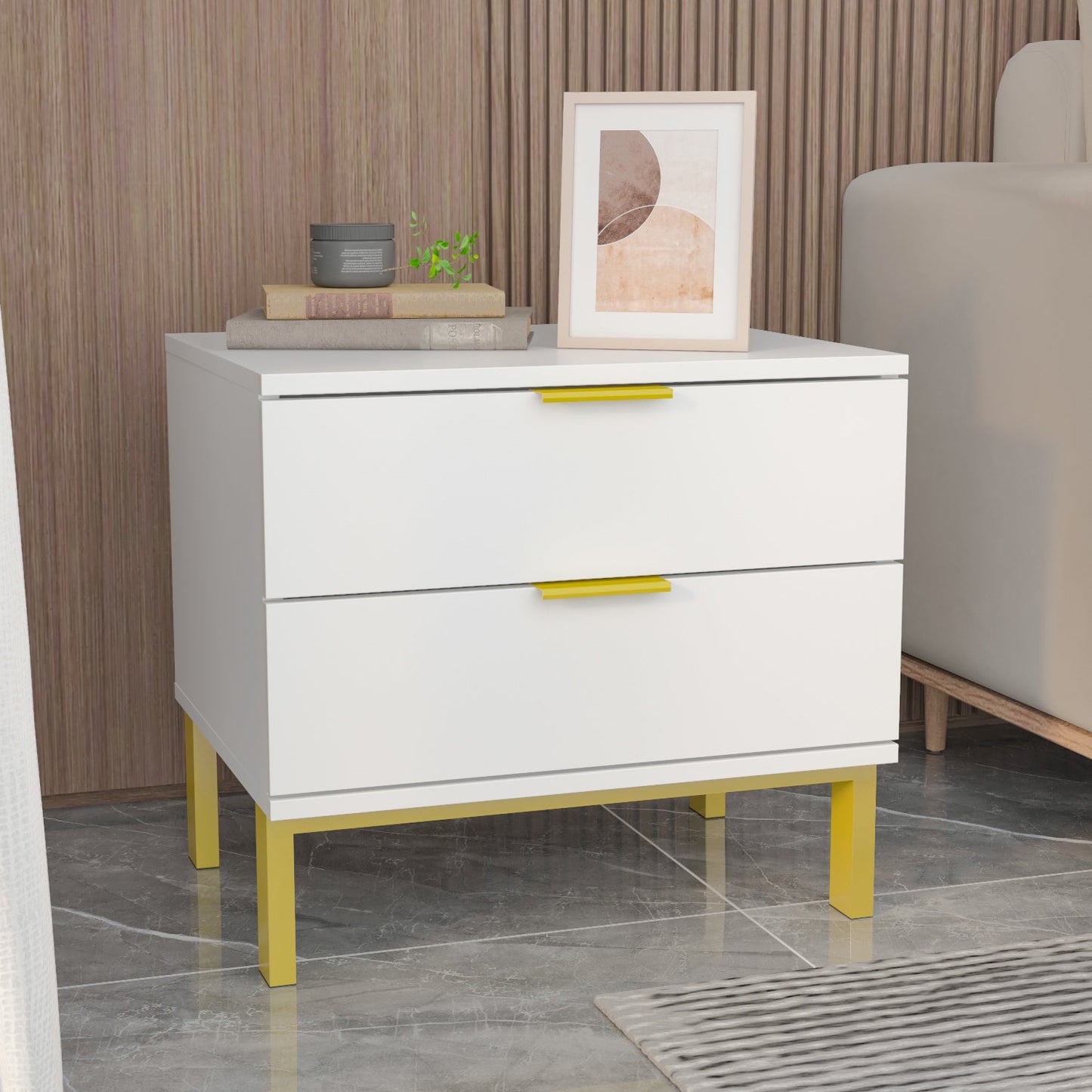 Table de chevet à 2 tiroirs et pieds en métal doré - 15,7 x 19,7 x 17,9 cm 