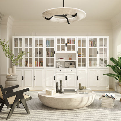 Vitrine d'angle avec étagère de rangement et bibliothèque, combinant 4 portes vitrées et 2 tiroirs