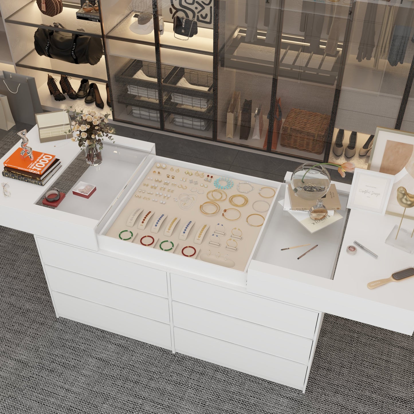 Commode à 12 tiroirs et 1 étagère, au design élégant et au plateau en verre trempé