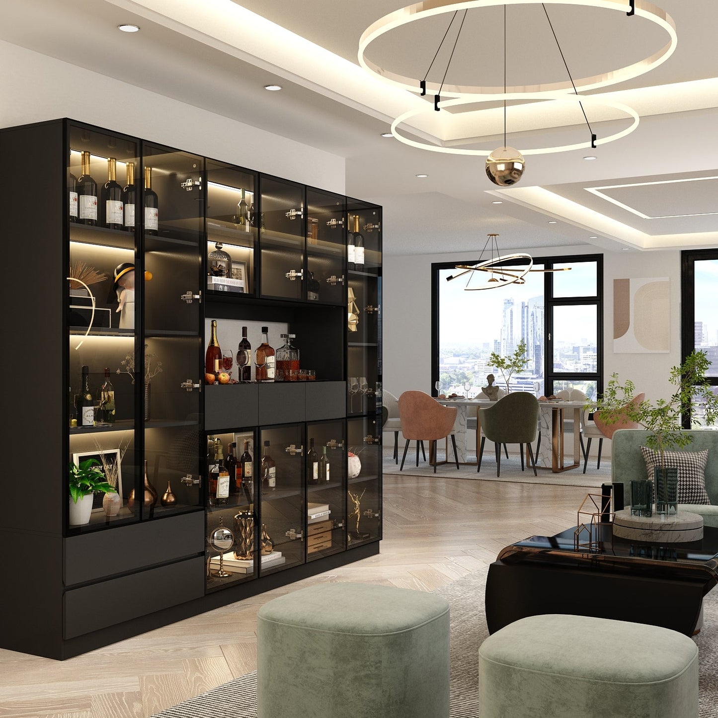 Vitrine de rangement avec éclairage LED et portes en verre trempé