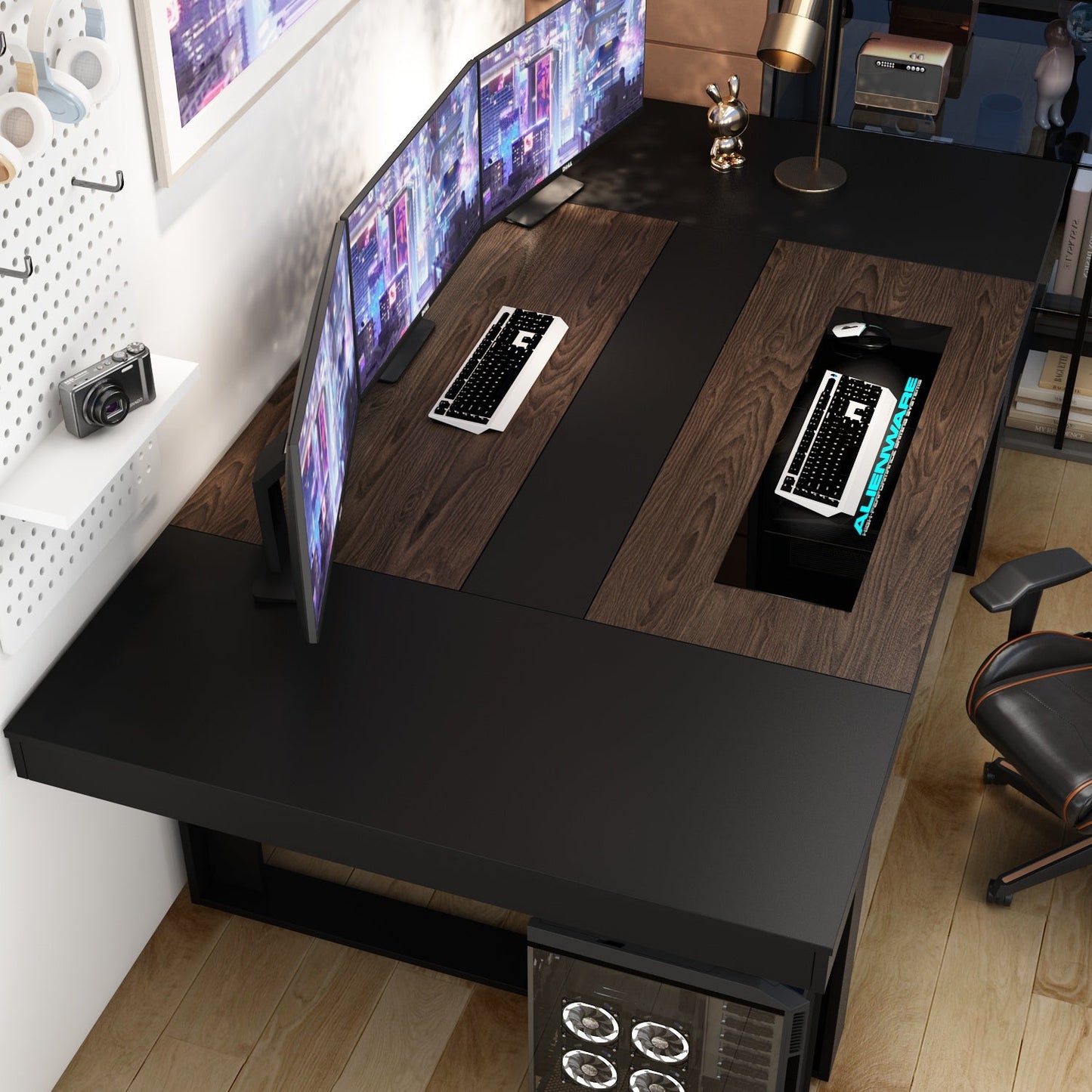 Grande table de conférence, bureau gaming avec finition bois pour réception