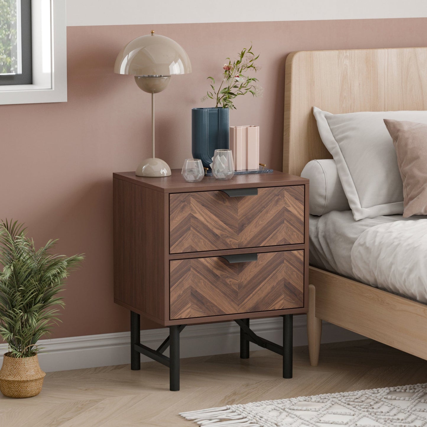 Table de chevet rustique en bois veiné à 2 tiroirs