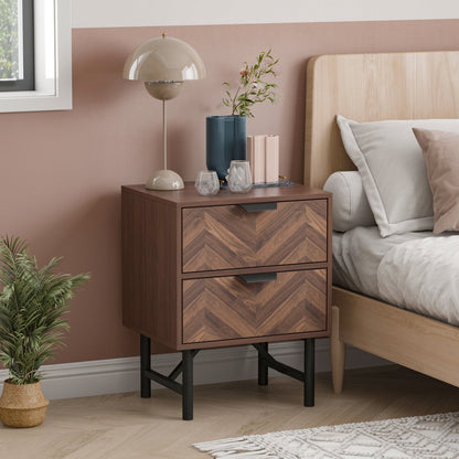 Table de chevet rustique en bois veiné à 2 tiroirs