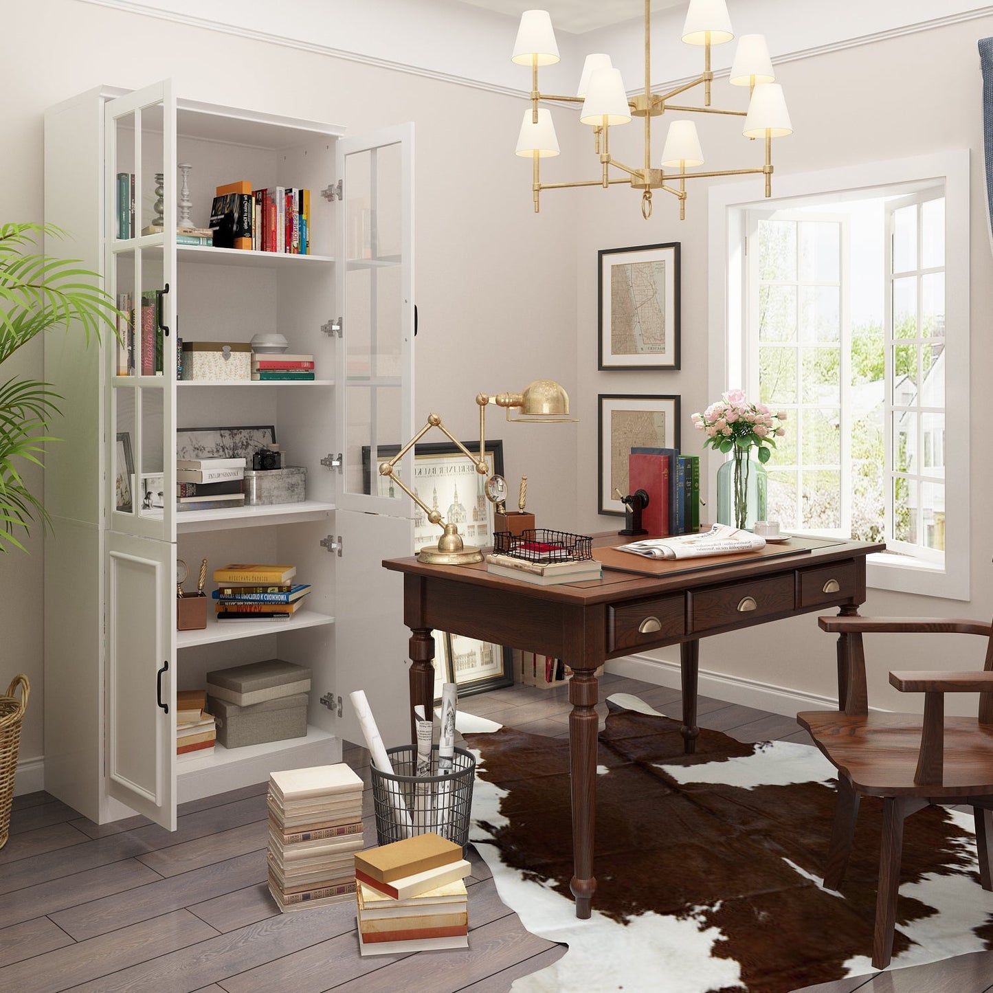 Vitrine d'angle avec étagère de rangement et bibliothèque, combinant 4 portes vitrées et 2 tiroirs