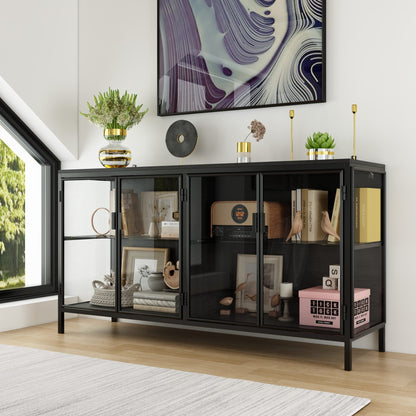 Buffet de 140 cm de large avec portes vitrées et éclairage LED