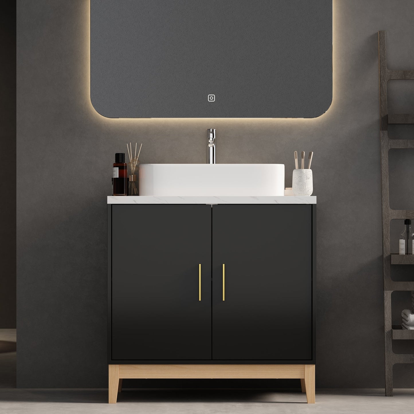 Meuble-lavabo simple sur pied avec plateau en bois composite