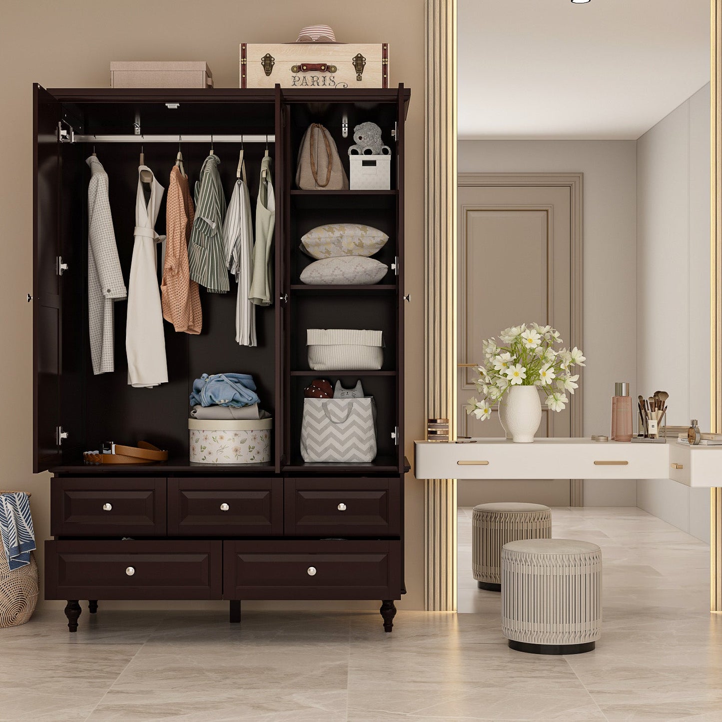 Grande armoire de rangement avec 3 portes et 5 tiroirs