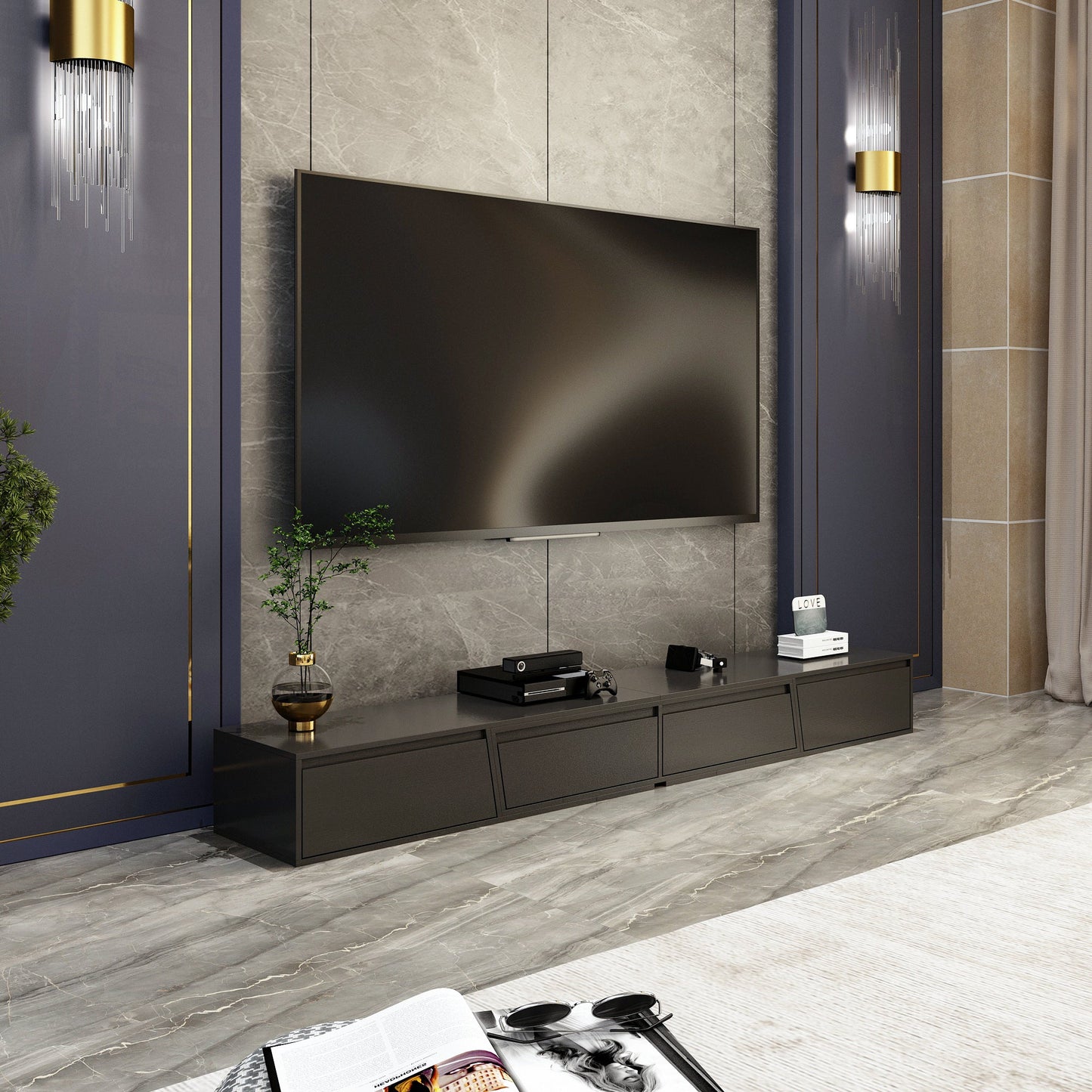 Console multimédia à 4 tiroirs de 94,5 pouces de large