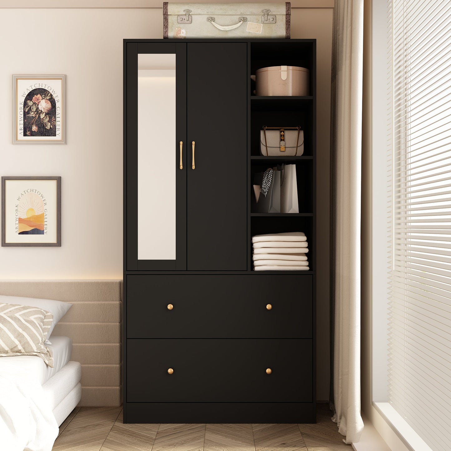 Armoire de rangement à 2 portes, 2 tiroirs et 1 miroir pour chambre à coucher