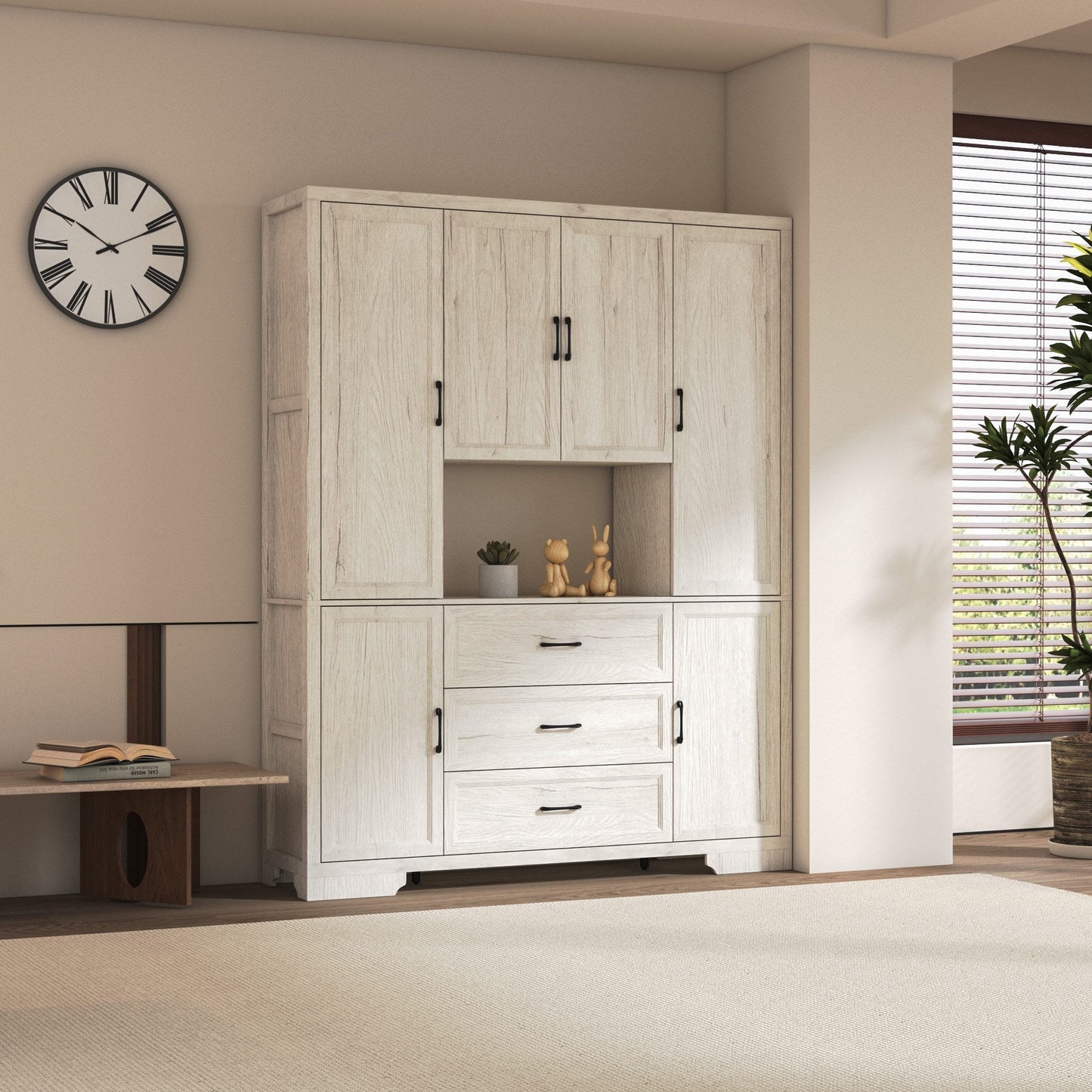 Meuble de rangement modulaire élégant : design épuré et combinaison de compartiments ouverts et fermés.