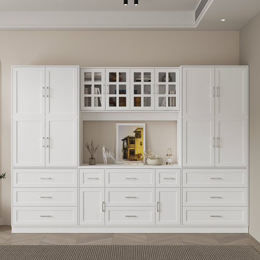 Bibliothèque à 11 tiroirs avec portes vitrées, 78,7 po H x 110 po L